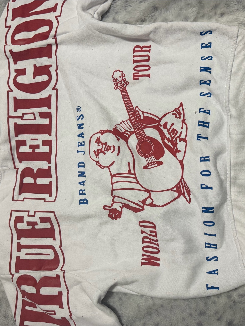 True Religion White Sweatshirt with Red and Blue Graphic